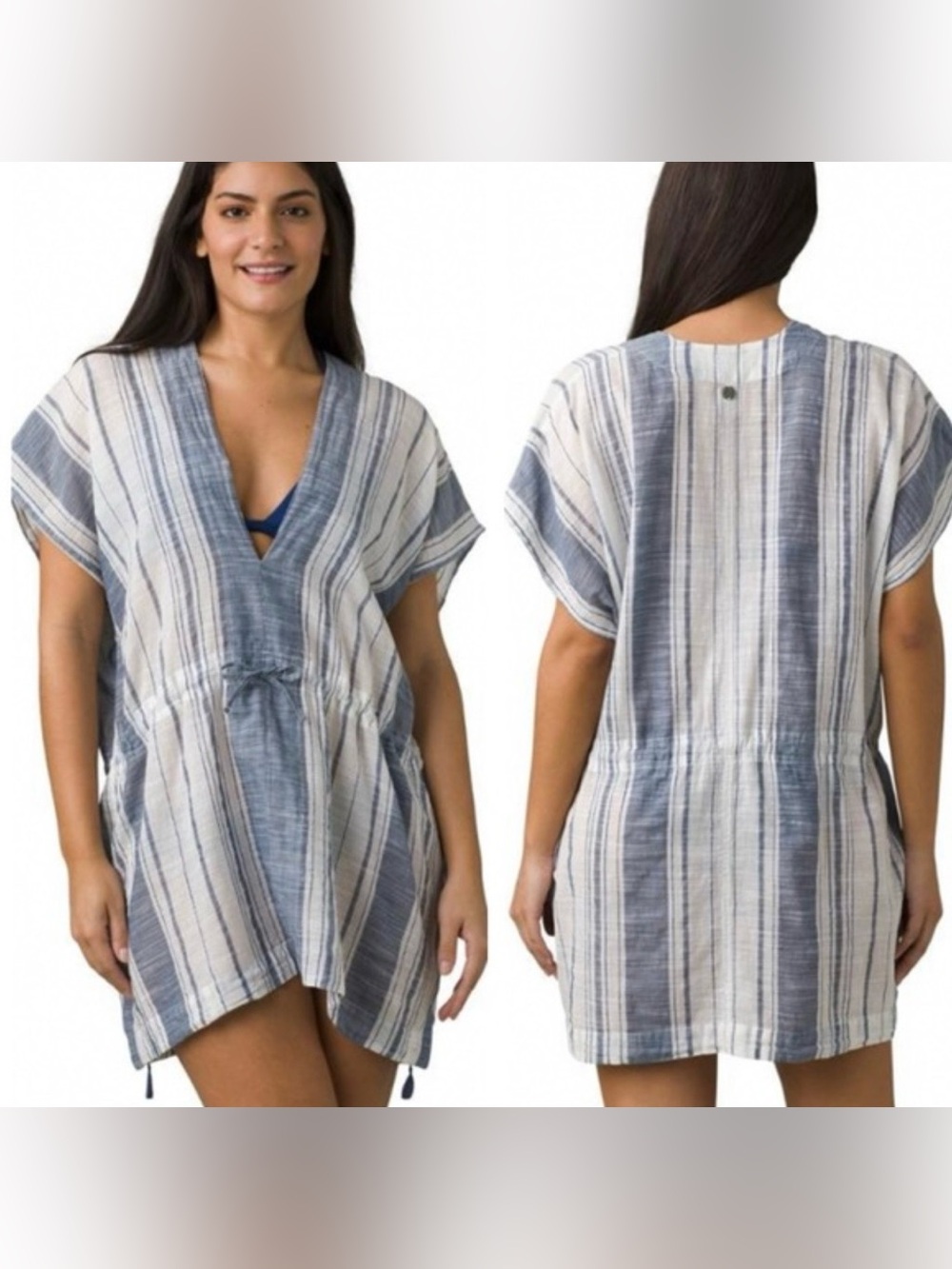 Prana Womens  Marina Bay Org Cotton Swim Cover Up Belize Blue White stripe XS